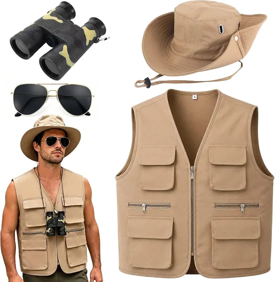 4 Pcs Men Safari Costume Safari Vest Zoo Keeper Outfit Adult Jungle Costume Accessories for Halloween Party