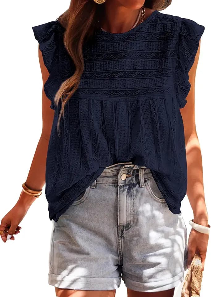PRETTYGARDEN Summer Lace Ruffle Cap Sleeve Blouses for Women Dressy Casual
