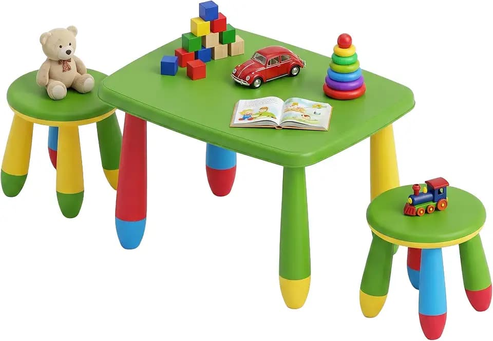 Relaxdays Kindersitzgruppe, 1 Kindertisch, 2 Hocker, abwischbar, bunt