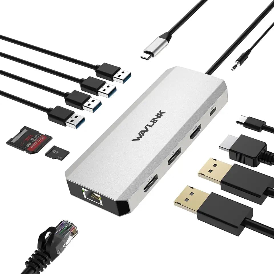 WAVLINK 13-in-1 Multiport-USB-C-Adapter, Dreifache Display-Laptop-Dockingstation, USB-C-Hub mit 2 HDMI-4K, DisplayPort, 5 USB, 87 W PD, SD/TF-Kartenleser, Mikrofon/Audio, Blau