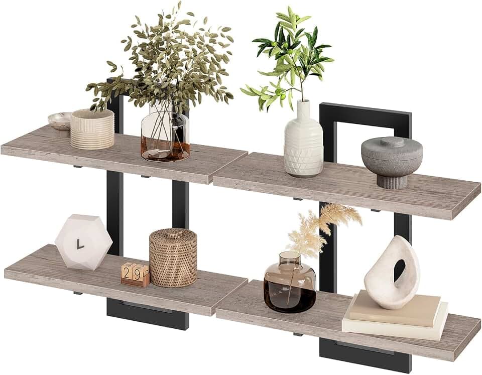 HOOBRO Schwebende Wandregale, 2-stufige Wandboard, Schweberegal 2er-Set, hängende Badezimmerregale, 38 cm Wandregale, für Wohnzimmer, Schlafzimmer, Küche, Greige EBG32BJ01