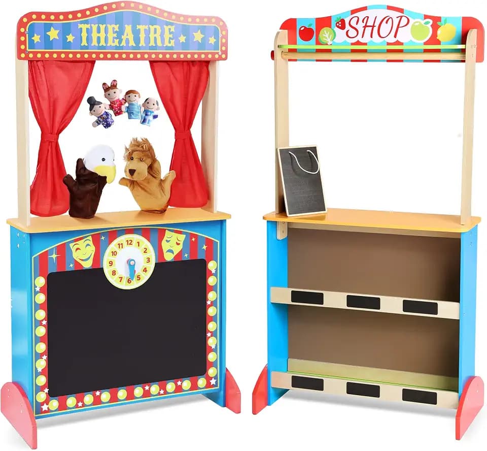 Wooden Puppet Theater for Kids, Double-Sided Play Store with Curtains
