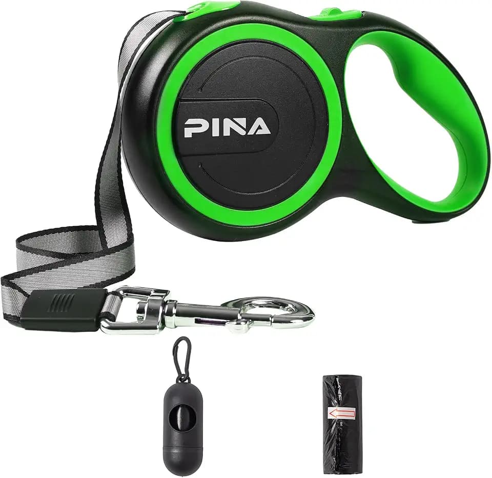 PINA Retractable Dog Leash, 26ft Dog Leash for Small Medium Large Dogs Up to 110lbs, 360° Tangle-Free Strong Reflective Nylon Tape, with Anti-Slip Handle, One-Handed Brake, Lock - Black Green