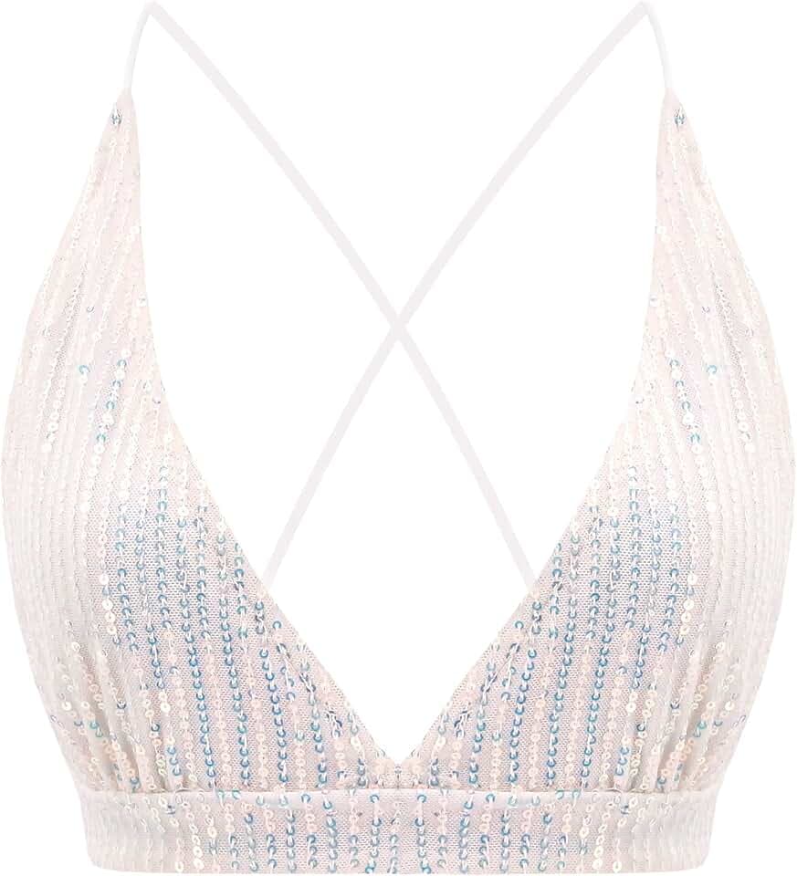 Women’s Sexy Sequin Crop Top V Neck Bandage Tank Top Bustier Cami Dance Bra Top for Club Rave