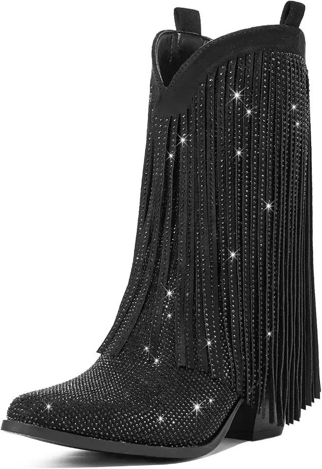 Rollda Rhinestone Cowboy Boots for Women, Fringe Cowgirl Boots