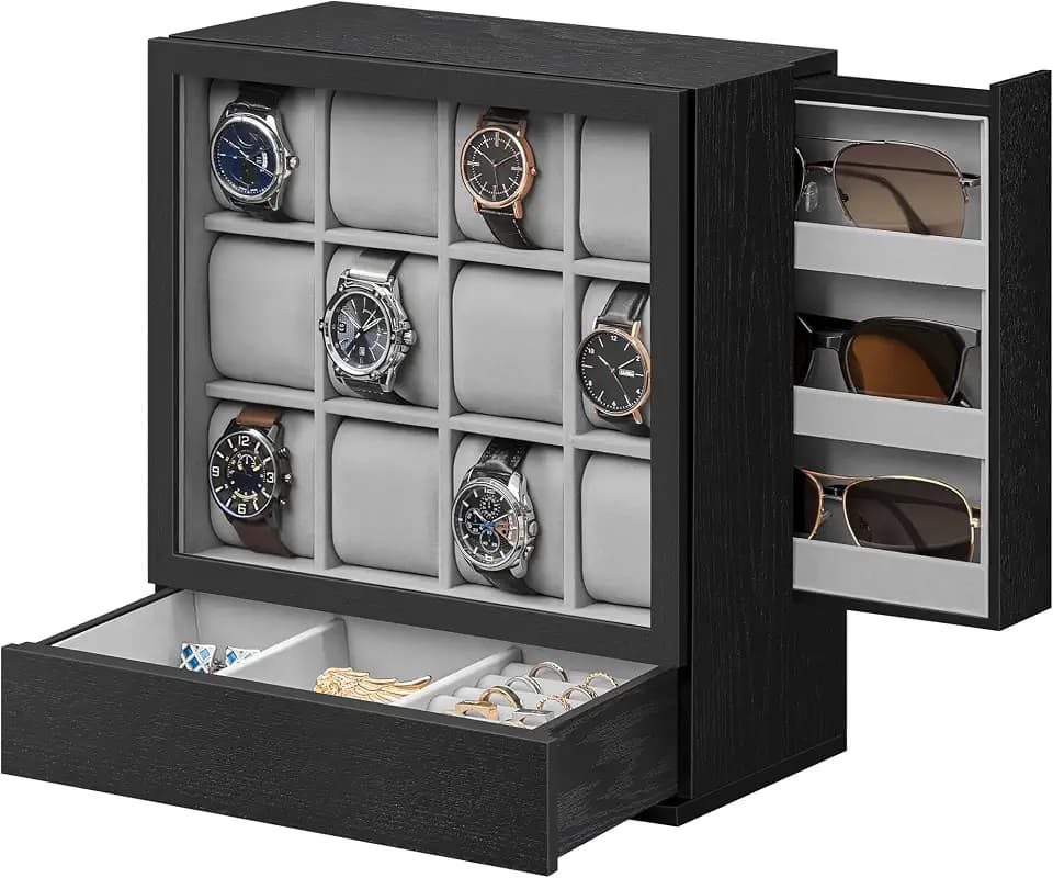 SONGMICS 12 Watch Display Case, Watch Box with Hidden Storage