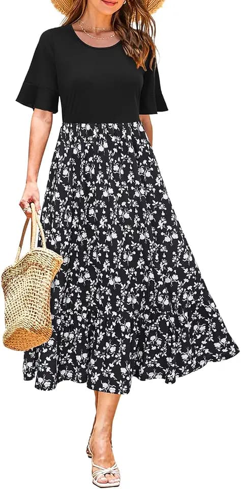 STYLEWORD Sommerkleid Damen Lang Kurzarm Boho Kleid Sommer Blumenkleid Swing Maxikleid