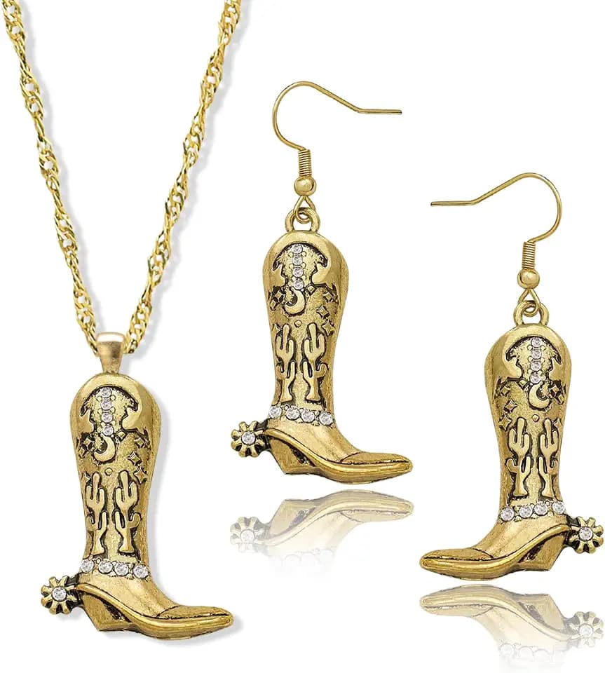 RechicGu Western West Cowgirl Cowboy Texas Boots Earrings Necklace Set, Spur Rodeo Drop Dangle Boots Earrings,Twist Link Chain Necklace with Boot Pendant,Jewelry Set