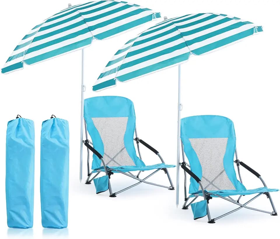 Huwena 2 Pack Beach Chairs with Umbrella for Adults, Low Folding Chair Set, Adjustable Detachable Umbrella, Lightweight Portable with Cup Holder & Carry Bag, for Beach Camping Travel(Blue)