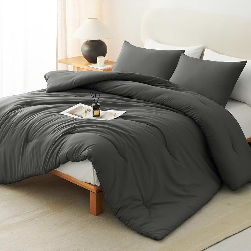 CozyLux Oversized Queen Comforter Set, 3 Pieces Dark Grey Quilted Bedding