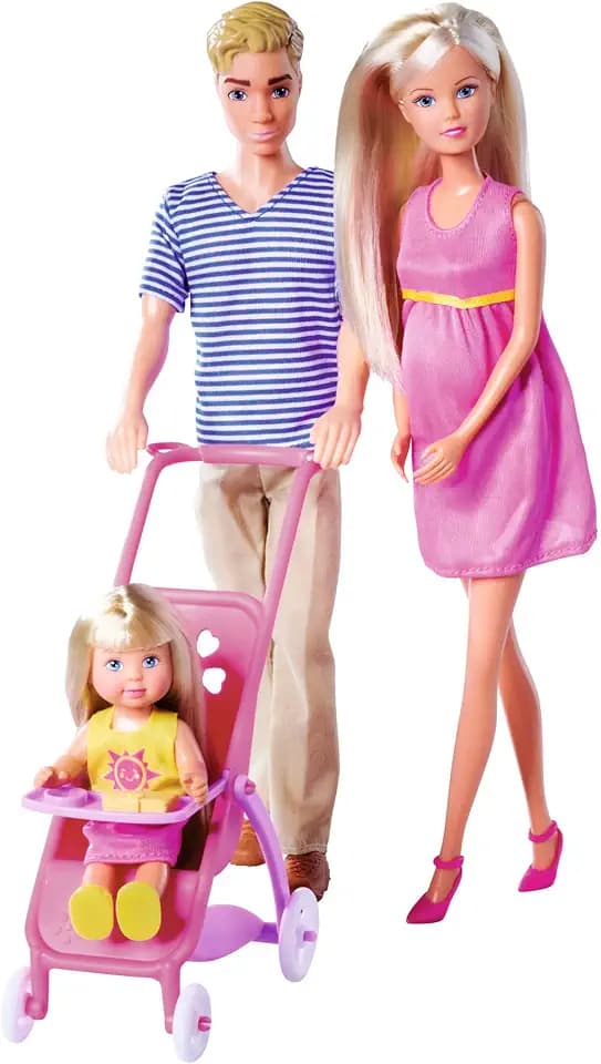 Simba 105733673 - Steffi Love Happy Family, Schwangere Spielpuppe, Kevin, Evi und Baby mit Kinderwagen, 11 Teile, Zubehör, 30cm, ab 3 Jahren