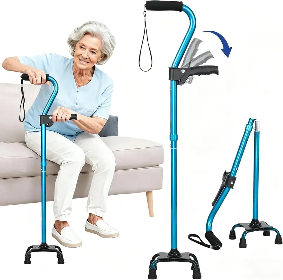 Stand Secure Cane with Stand Up Assist Handle for Elderly, 4 Prong Adjustable Walking Canes for Seniors Women and Men, Non-Slip Wide Base, Aluminum Foldable Stand Cane