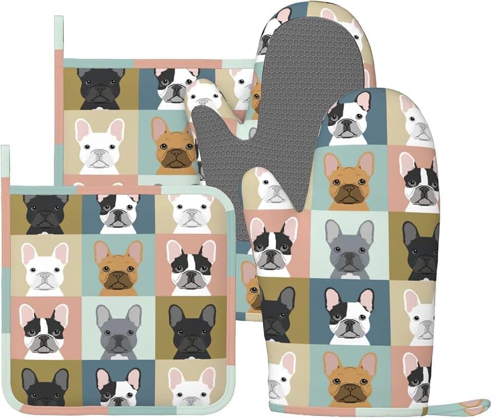 Fun Dog French Bulldog Oven Mitts And Pot Holders Sets, 4pcs Silicone Non-Slip Kitchen Mitts Potholders Heat Resistant Bbq Gloves Hot Pads For Cooking Grilling Baking Microwave Chef Gifts Decor