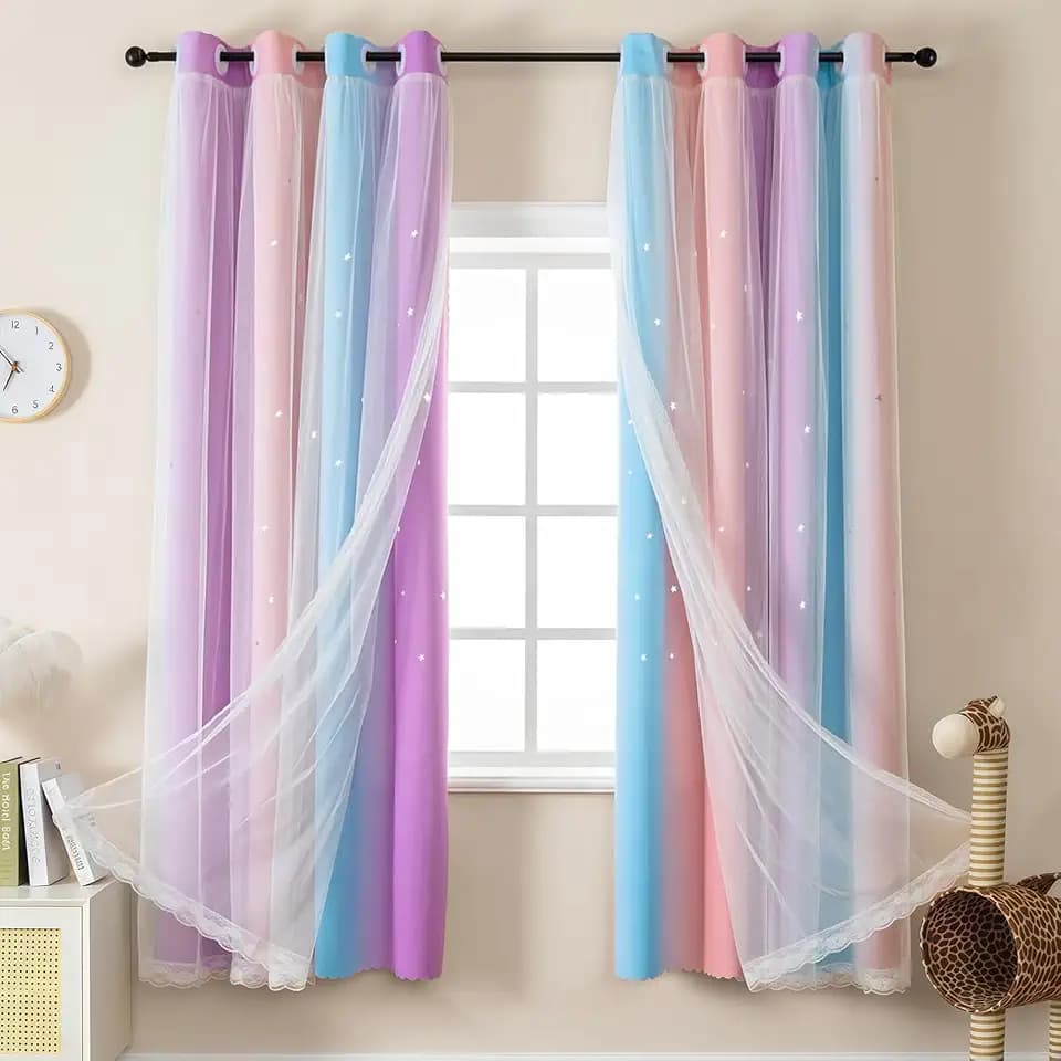 2er Set Verdunklungsvorhang für Schlafzimmer, H160 x B132 cm Gardinen Kinderzimmer, Doppellagige Vorhänge mit Voile Hohlen Sternen, Ösenvorhänge für Kinderzimmer (Rosa/Blau/Violett)