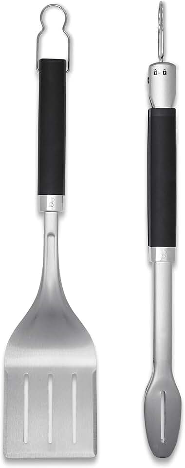 Weber Premium Grillbesteck - Groß, 2-teilig aus Edelstahl, bestehend aus Grillzange und Wender (je 46cm), mit praktischen Henkeln, spülmaschinenfest - Silber (6763)