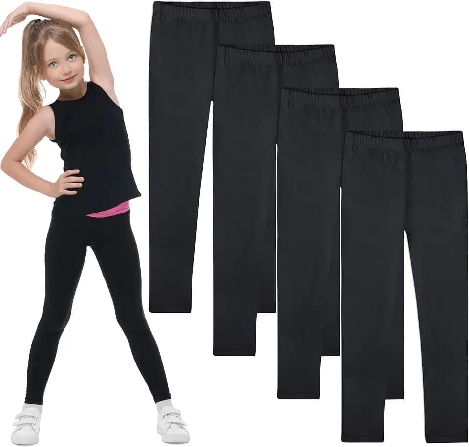 FEQO 4 Pack Girls Cotton Leggings Stretchy Full Length Tight Pants 4-12Y