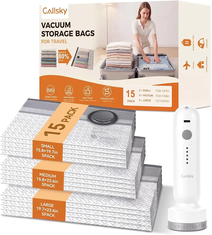15 Pack Vacuum Storage Bags for Travel with Cordless Electric Pump