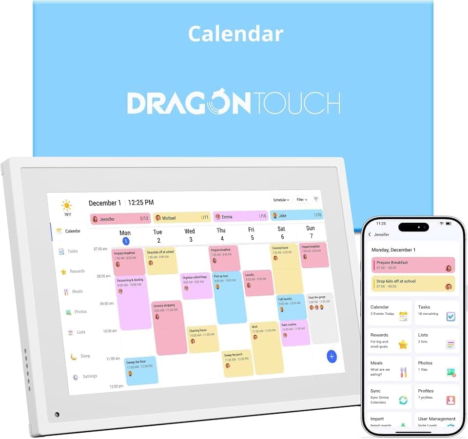 Dragon Touch 10.1 inch Digital Calendar Chore Chart – Interactive Touchscreen, Smart Family Planner, Hearth Display Desk Digital Calendar Best Gifts for Christmas, Wedding, Mom