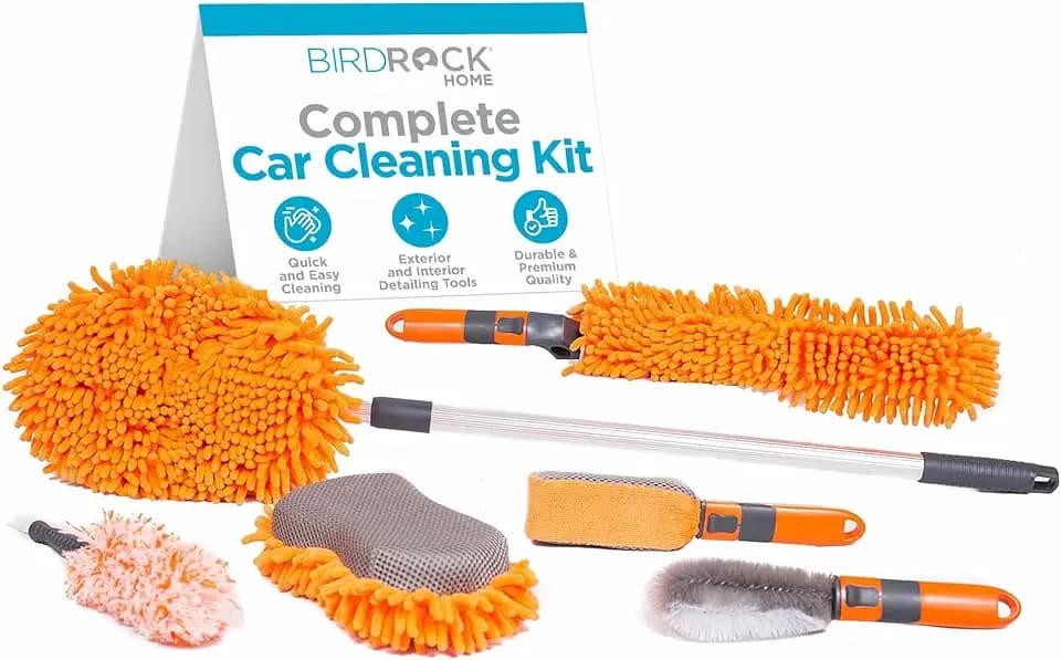 BirdRock Home Car Wash and Detailing Kit | Includes 6 pcs | Exterior and Interior Cleaning | Wheel Brush | Sponge | Duster | Extendable Cleaning Tool