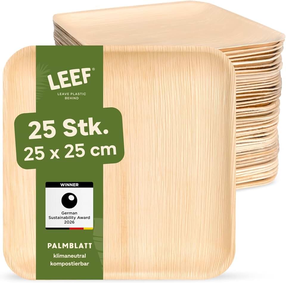 Leef® Einwegteller aus Palmblatt, Eckig, 25 x 25 cm, 50 Stk.
