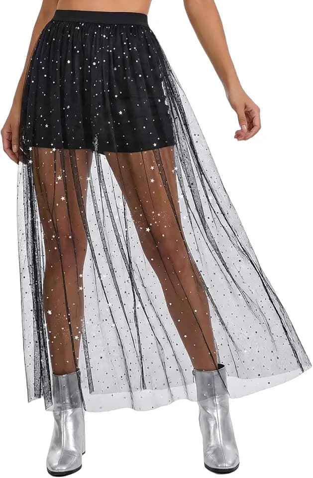 Sexy 2 in 1 Transparent Mesh Rock, Schwarzer Festival Rock Damen, Tüllrock Glitzer Outfit für Streetwear und Clubwear, Musikfestivals Party Rave Outfit Damen
