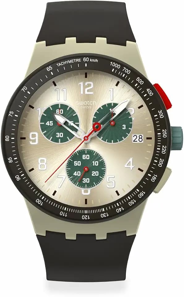 Swatch Chrono 42 Unisex Watch Dress Stainless Steel Beige Quartz Waterproof Obsidian Ink