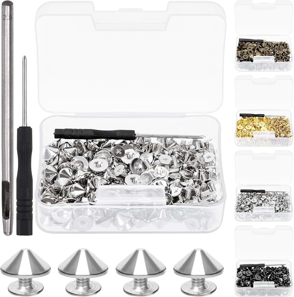 Swpeet 102Pcs Silver Color Cone Spikes and Studs Kit with Hole Punch and Screwdriver, Back Leather Craft Rapid Rivet Screws, Spikes Bullet Cone Spikes Screw for Clothing Shoes Leather Craft