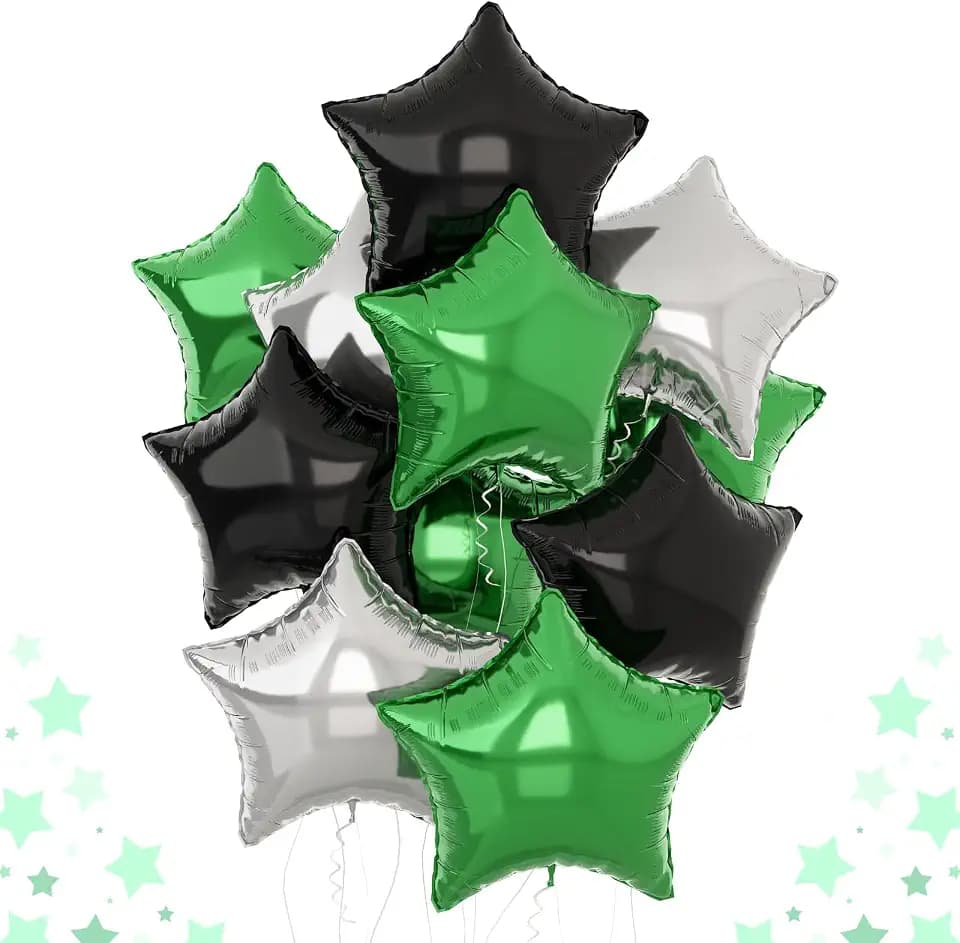 Green Black Star Balloons, 18Inch Balck Olive and Silver Stars Shape Foil Balloons Helium, 12Pcs Green Pentagram Foil Party Decoration for Boy Men Birthday Graduation Video Games Soccer Party Supplie