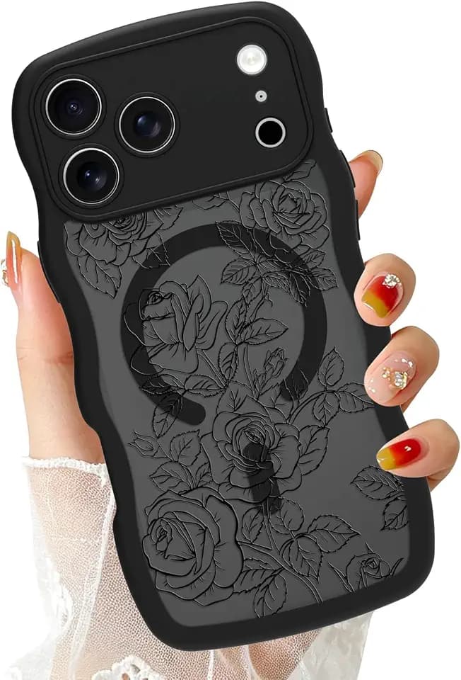 Magnetic for iPhone 17 ProCase Black Curly Wave Edge Rose Desd.
