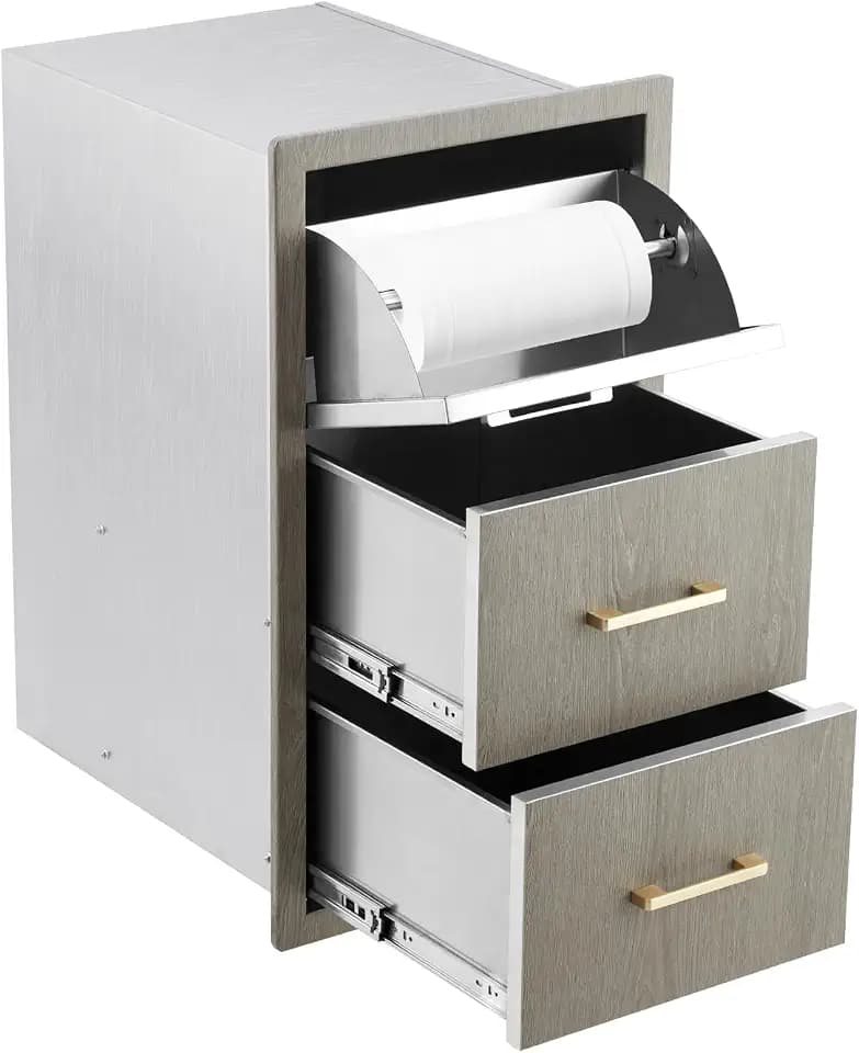 Stainless Steel Outdoor Kitchen Drawers - Heavy Duty Weather-Resistant with Built-in Paper Towel Holder, Flush Mount for BBQ Island & Grill Station, 17" W x 30" H x 21" D