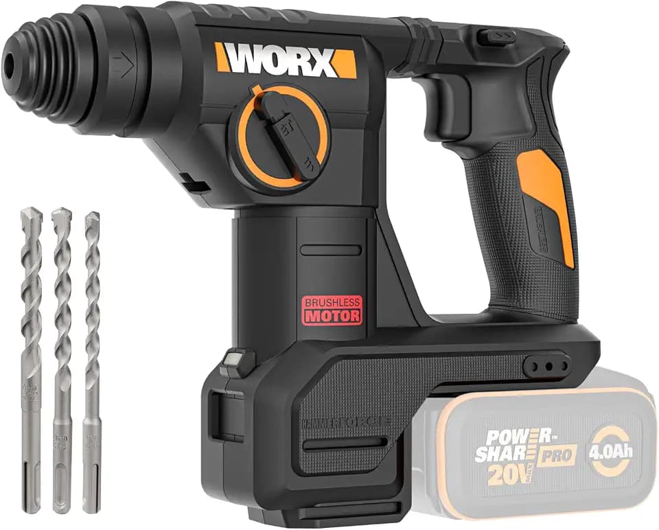 WORX WX387.9 Akku-Bohrhammer 20V, Brushless Motor, 2,0 J Schlagenergie, SDS-Plus, 3 Funktionen Bohren/Hammerbohren/Meißeln, 22 mm Bohrleistung, ohne Akku & Ladegerät
