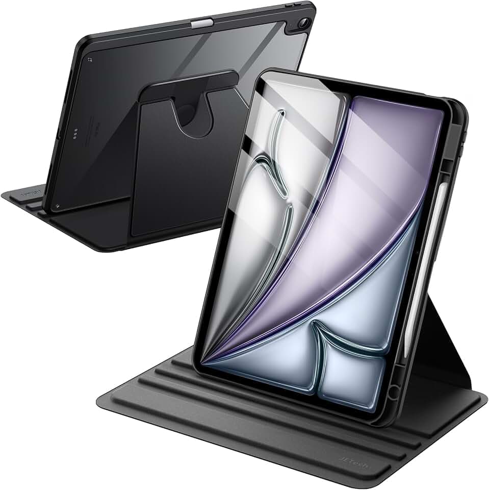 JETech Drehbare Hülle für iPad Air 13" M4/M3/M2, Schwarz | Für 2026/2025/2024 Modell, 360° Drehständer, Transparente Rückseite, Auto Schlafen/Wachen, Stifthalter, Vollschutz