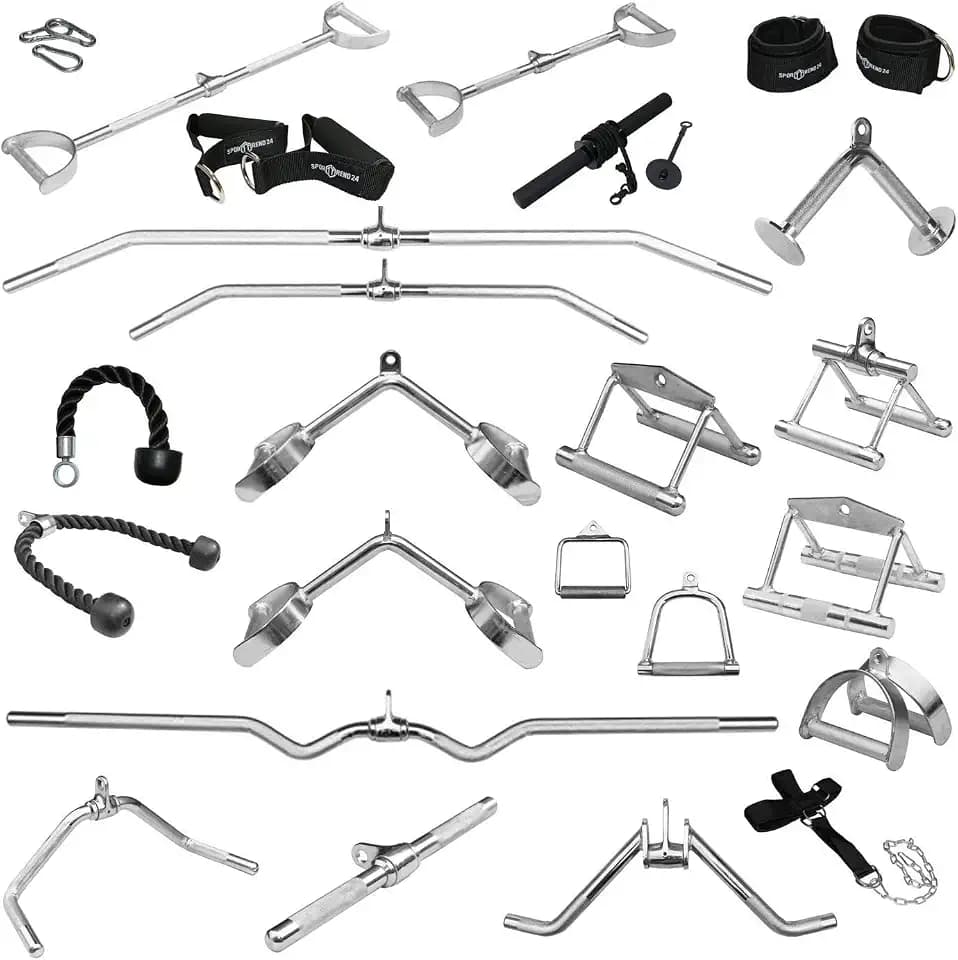 Sporttrend 24® Griffe für Seilzüge, Kabelzüge | Latzugstange, Rudergriff, Bizeps Trizeps Stange, Trizeps Seil, SZ Stange, Karabiner, Fußschlaufe, Unterarmtrainer, Nackentrainer, Griff Set