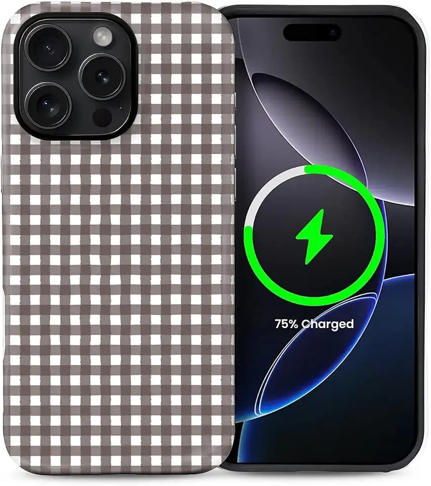 for iPhone 15 Pro Max Case for Women Girl Men Boy, Compatible with MagSafe, Shockproof Soft Silicone & Hard PC Shell Protective Case for iPhone 15 Pro Max - Brown Gingham Retro Checkerboard