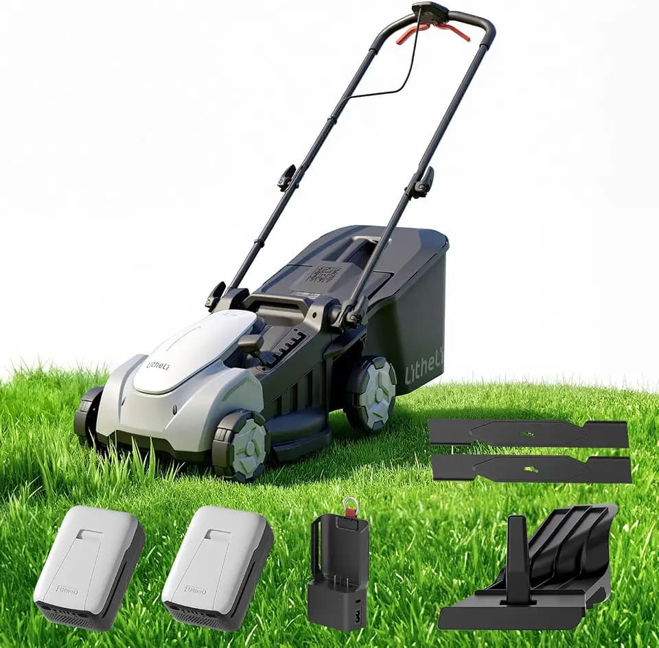 Litheli 40V Cordless Lawn Mower 16 Inch, 2x20V Electric Push Mower, Brushless Motor, 6 Position Cutting Heights 25-75mm, 50L Large Grass Catcher, Mulching Capable, 2x5.0Ah Batteries and Charger