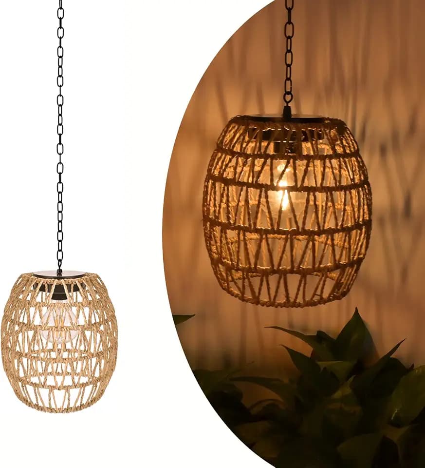 Livinlarge Solar Outdoor Chandelier,Natural Seeweed Rattan Lantern,