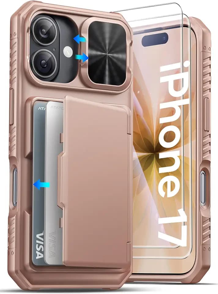 ATATOO for iPhone 17 Case Wallet, Card Holder, 2X Screen Protector, Rose Gold