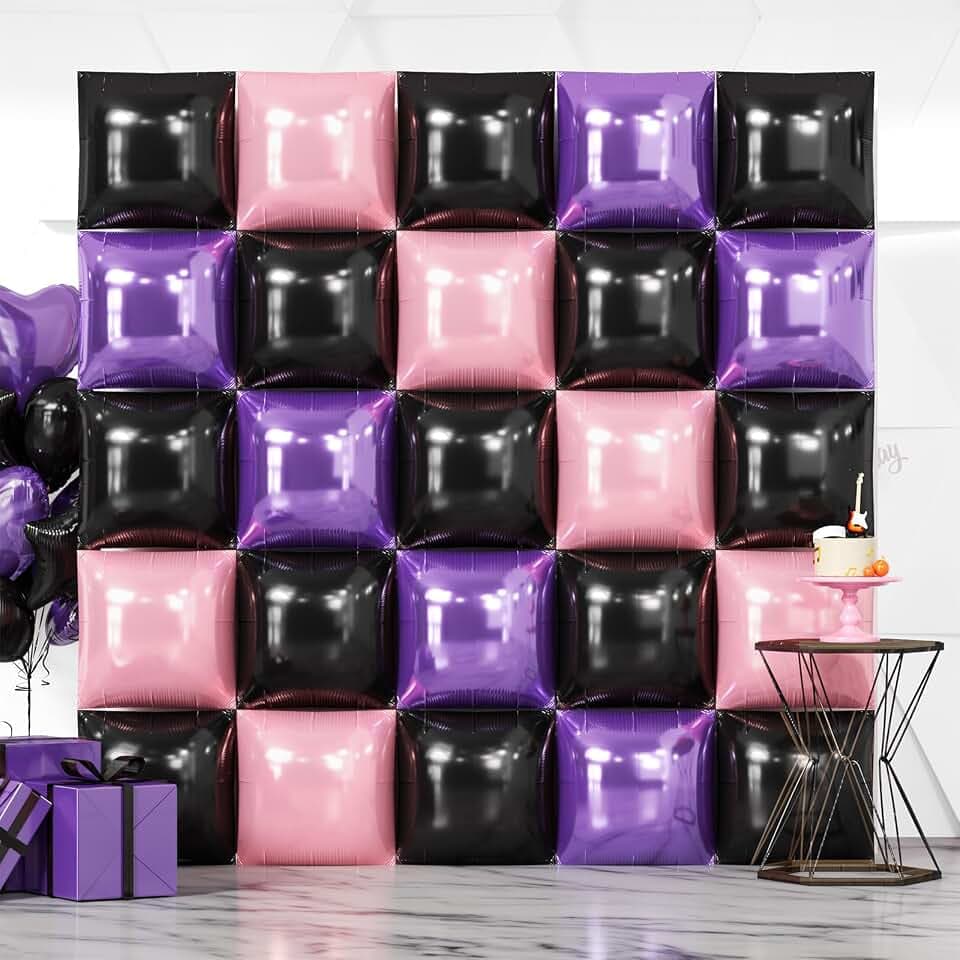 NISOCY 25PCS Purple Pink Black Square Foil Balloons Wall Backdrop