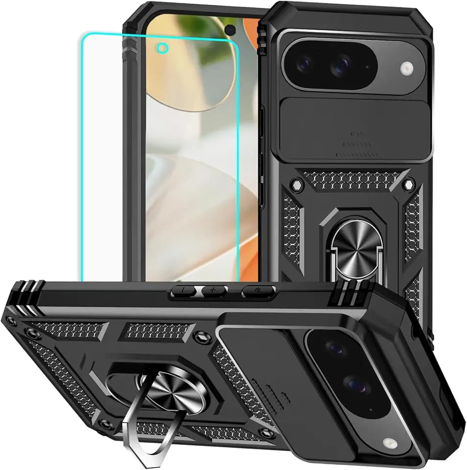 HNHYGETE for Pixel 9/9 Pro Case with Screen Protector: [Military Grade 20ft. Drop Tested] Slide Camera Cover Ring Shockproof Protective Phone Case for - Google Pixel 9/9 Pro (Black)