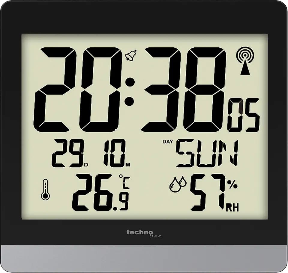 Technoline WS 8014 Funkwanduhr mit DCF77 Funkuhrwerk | Innentemperatur & Luftfeuchtigkeit | Kalender | Wochentag | Alarm & Schlummerfunktion | großes LCD Display | Digitale Wanduhr