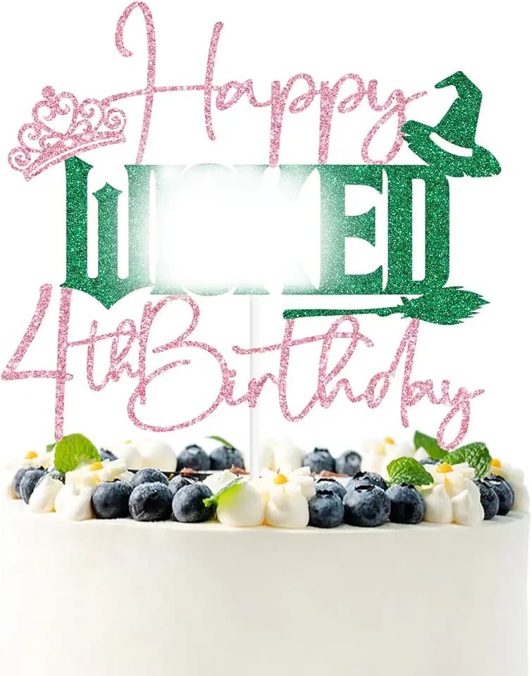 Pink Glitter Happy W*cked 4th Birthday Cake Topper, Witch 4th Birthday Décor, Movie Princess Witch Party Decorations Supplies for Kids Girls