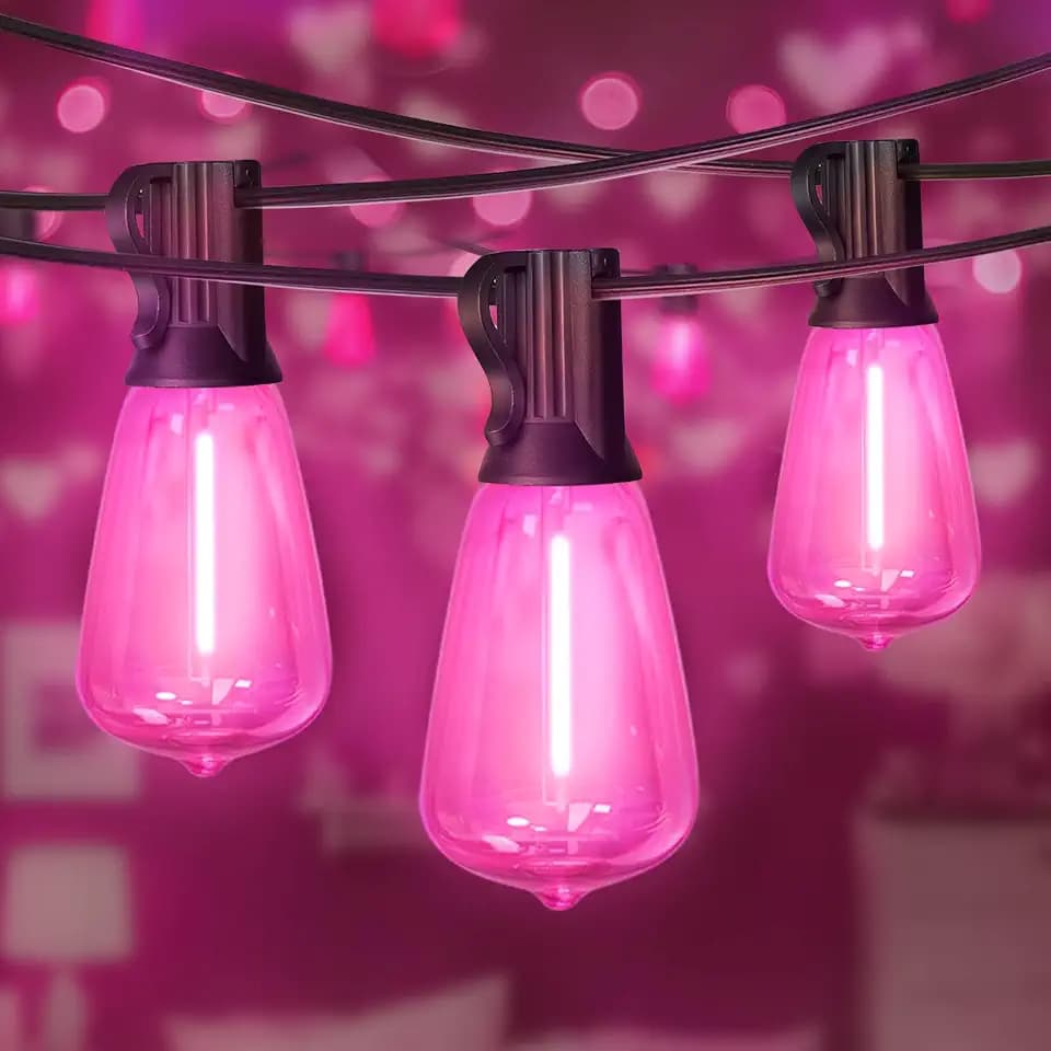 LAMPHOME 26Ft ST38 Outdoor String Lights, Pink Valentine's Day Patio Lights with 12+1 ST38 Edison Bulbs, LED Shatterproof String Lights for Outside Bistro Christmas Wedding Party Decorations