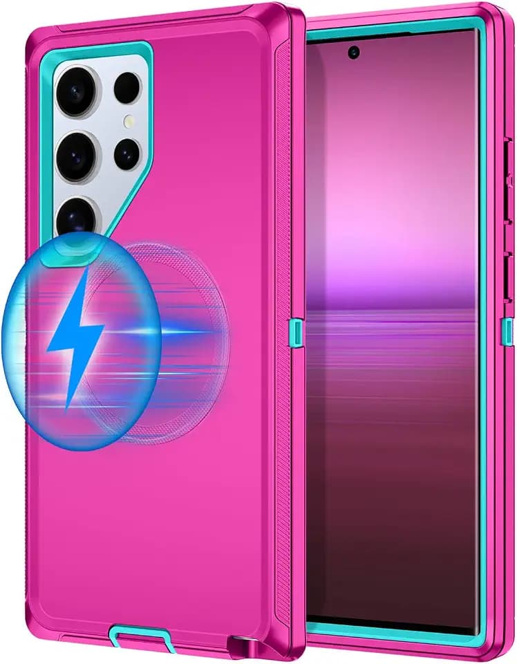 I-HONVA for Samsung Galaxy S24 Ultra Case [Compatible with MagSafe] Shockproof 3-Layer Full Body Protection [Without Screen Protector] Rugged Heavy Duty Cover Case for Galaxy S24 Ultra,Rose Red/Green