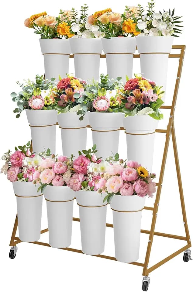 Flower Display Stand with 12 Round Buckets,Metal Flower Cart with Wheels for Patio/Garden/Shop Indoor and Outdoor,Gold