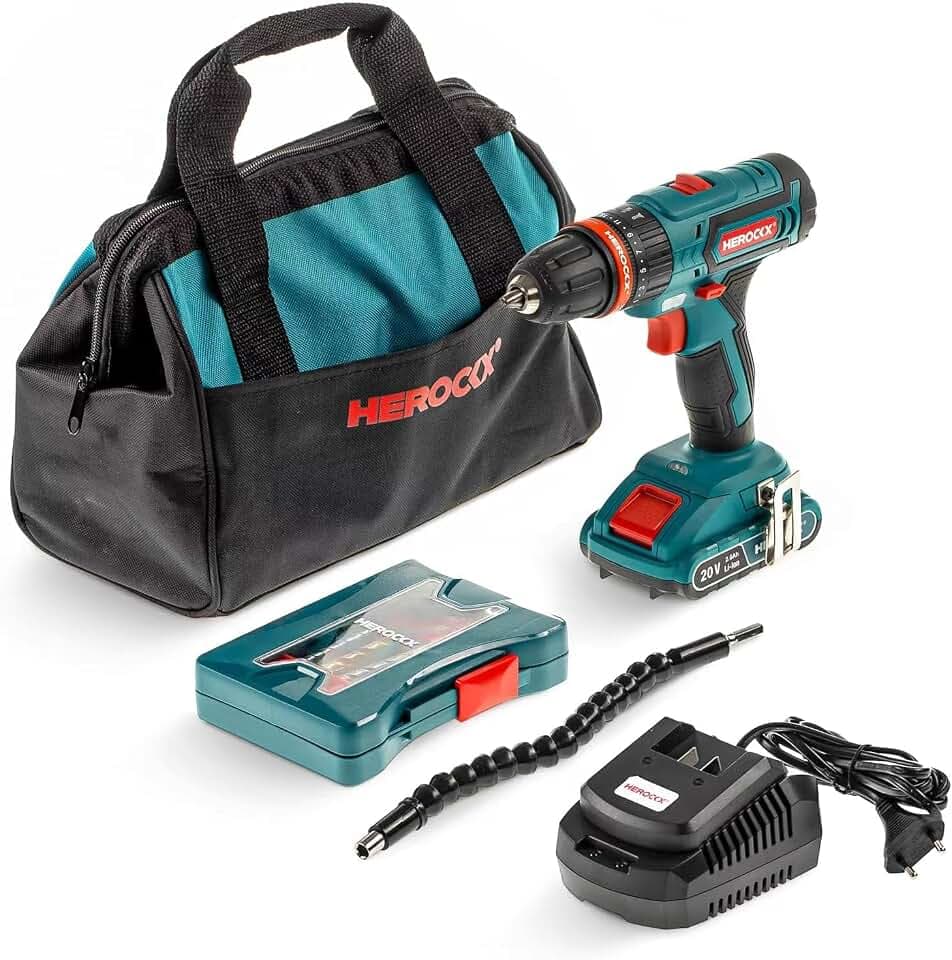 20 V Akku -Schlagbohrschrauber Set, HEROCKX Akkuschrauber mit 2 2000 mAh Akkus, 42 Nm Akku-Bohrschrauber mit LED-Licht, geeignet für Heimwerker, Haus, Garten
