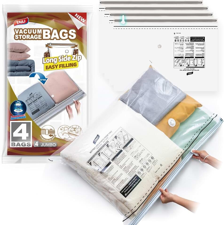 TAILI Vakuumbeutel für Kleidung mit Langer Reißverschluss 4 Stück Extra Große 100 X 70 CM Vakuumierbeutel für Bettdecken, Decke, Platz Sparen Aufbewahrungsbeutel für Reisen Und Tägliche Aufbewahrung