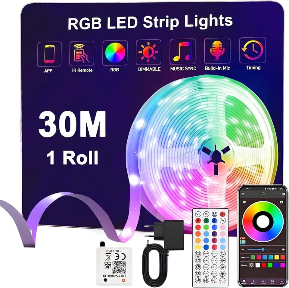 LED Streifen 30m RGBW Selbstklebend Led Streifen mit Fernbedienung und APP Steuerung Bluetooth Musik Sync Timer Zuschneidbare Dimmbar Farbwechsel Led Strip für Zimmer Spielzimmer Partei Deko