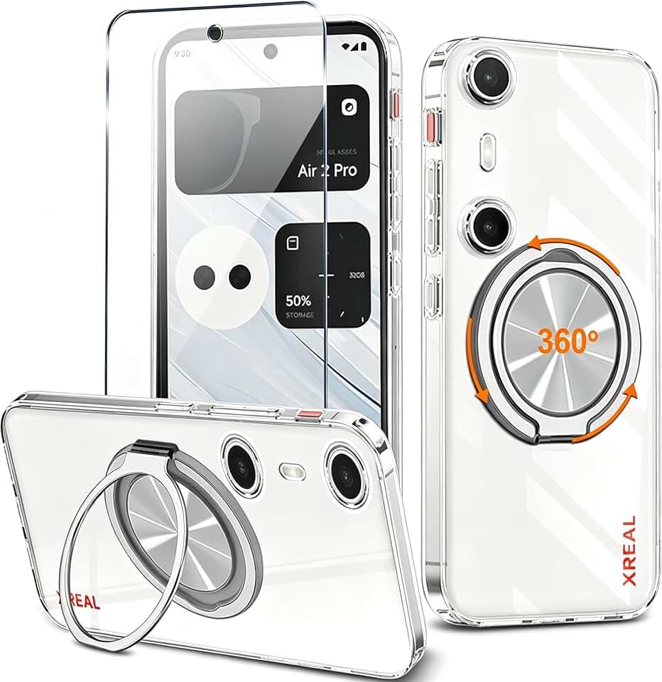 Compatible for Xreal Beam Pro Phone Case with Screen Protector 360° Rotatable Ring Holder Kickstand/Stand [Non Yellowing] Transparent 4 Corners Shockproof Protective Cover Case - Crystal Clear