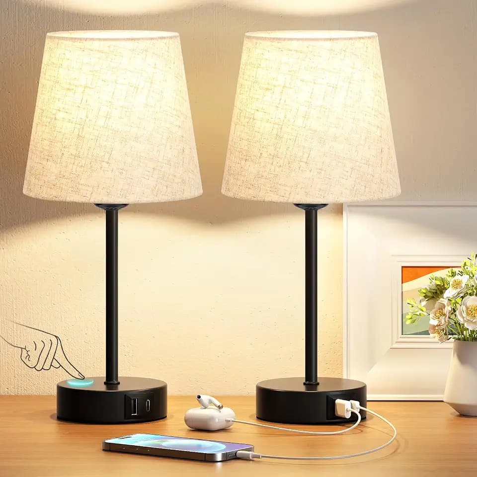 Nachttischlampe Touch Dimmbar 2er Set mit Ladefunktion USB A+C-Anschlüssen
