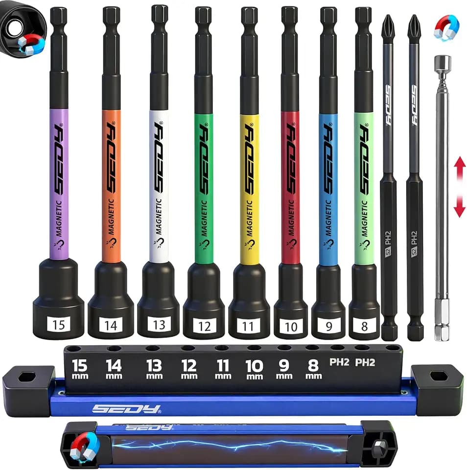 11PCS Magnetic Extra Long Nut Driver Set, Metric 8-15mm, 6" Impact Nut Drivers with PH2 Bits, 1.5lb Telescoping Magnetic Pickup Tool & Storage Rail, 1/4" Hex Shank, S2 Steel for Automotive Home Repair